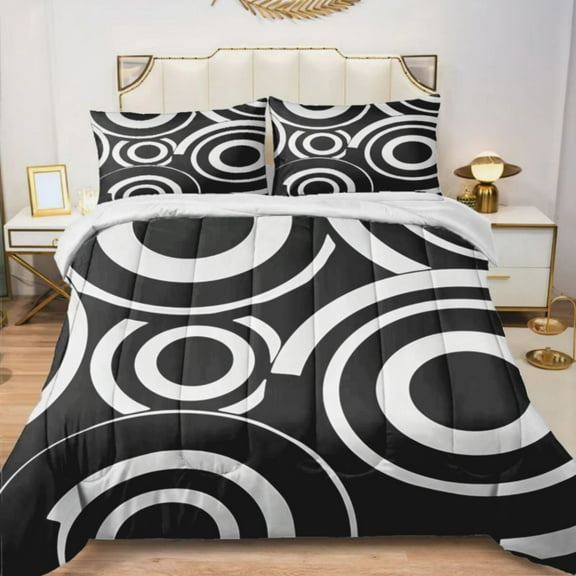 Quilted Comforter Duvet, All Season Duvet, Soft Bedding 3 Set, 1 Duvet Comforter & 2 Pillow Case, black and white circles, Twin
