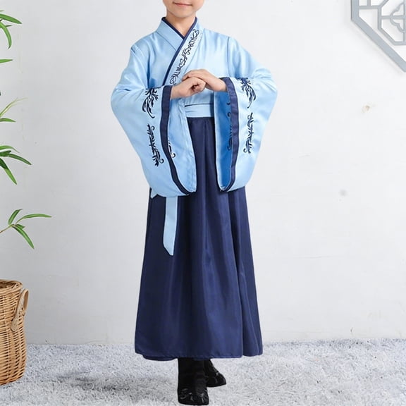 Conairie Tai Chi Uniform for Kids Traditional Chinese Style Long Sleeve Boys Girls Hanfu Dresses Outfit Performance Blue 2-3 Y