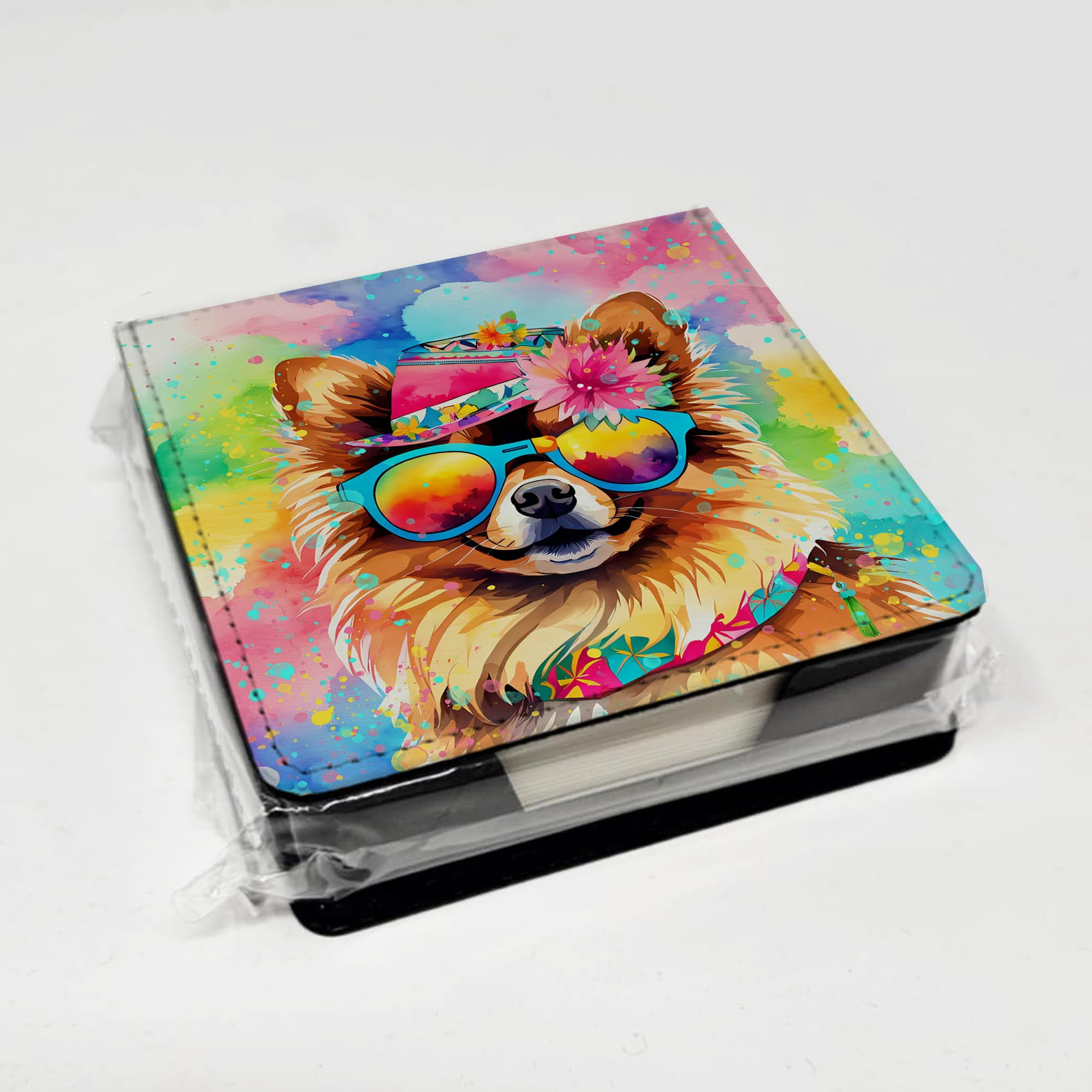 Caroline's Treasures Pomeranian Hippie Dawg PU Leather Note Paper Holder with Artist-Designed Cover, Desk Accessory, Office Gift