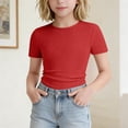 thumbnail image 2 of Yanlir Girls Ribbed Lace Trim Fitted Round Neck Short Sleeve Tee 1 Pack Summer for Kids 5 -16 Years Soft Summer Fashion Crewneck Tees Basic Tops, 2 of 7