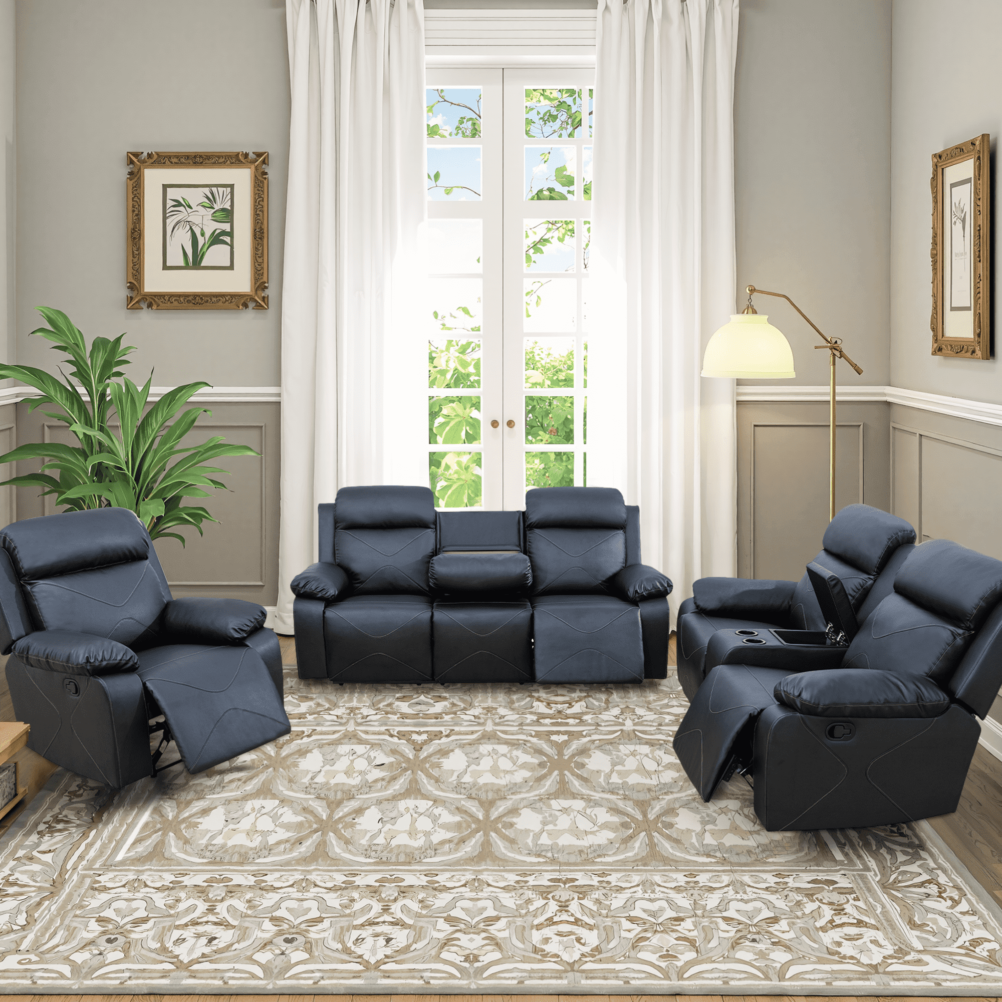 MAYEERTY Modern Breathable & Stylish Sofa Breathing Leather 3 - Piece Couch Set for Living Room，Black