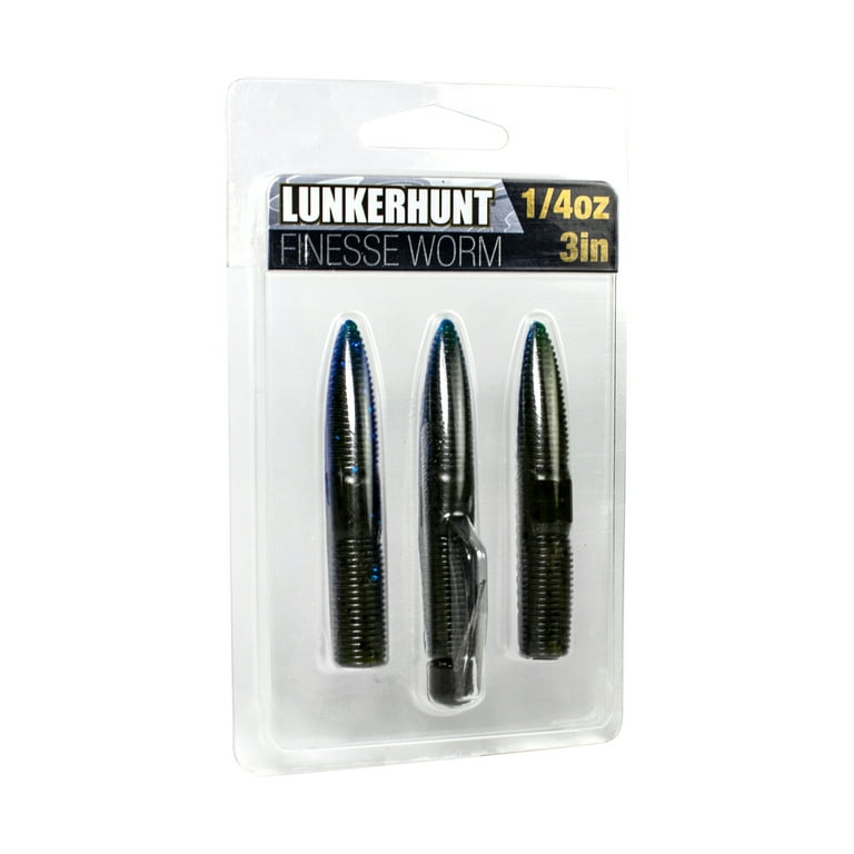 Lunkerhunt Pre-Rig Finesse Worm, Black Blue Fleck, 3in, 1/4oz, 3pk 