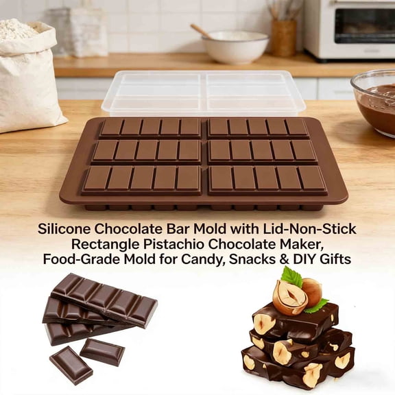 MKDAQIQIU Silicone Chocolate Bar Mold with Lid - Non-Stick Rectangle Pistachio Chocolate Maker, Food-Grade Mold for Candy, Snacks & DIY Gifts
