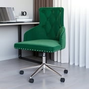 BELLEZE Belden Swivel Computer Desk Chair, Button-Tufted Upholstered Fabric with Nailhead Trim, Mid-Back Accent Armchair Adjustable Height, Green & Chrome
