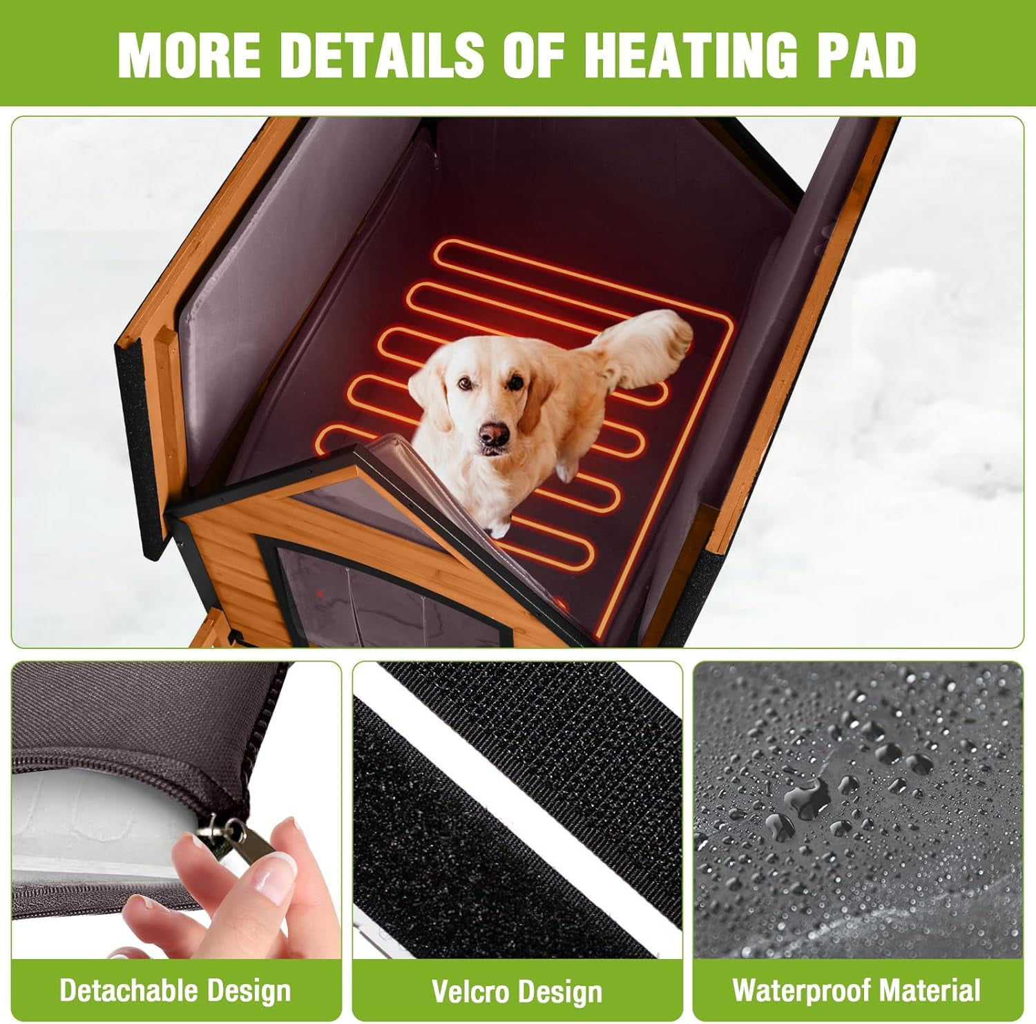 MEDEHOO Heated Outdoor Dog House Insulated Weatherproof Dog Kennel with All-Around Metal Frame, Anti-Bite Puppy Home with Porch, Dog Shelter for Large Breed (Brown, 50.9'' Large)
