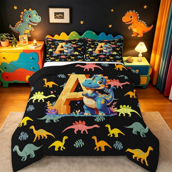 Manfei Monogrammed A Bedding Comforter Set,Zoo Animal Dinosaur Twin Comforter Sets,Black Yellow Bedding Set,Microfiber Room Decorative Reversible,2pcs