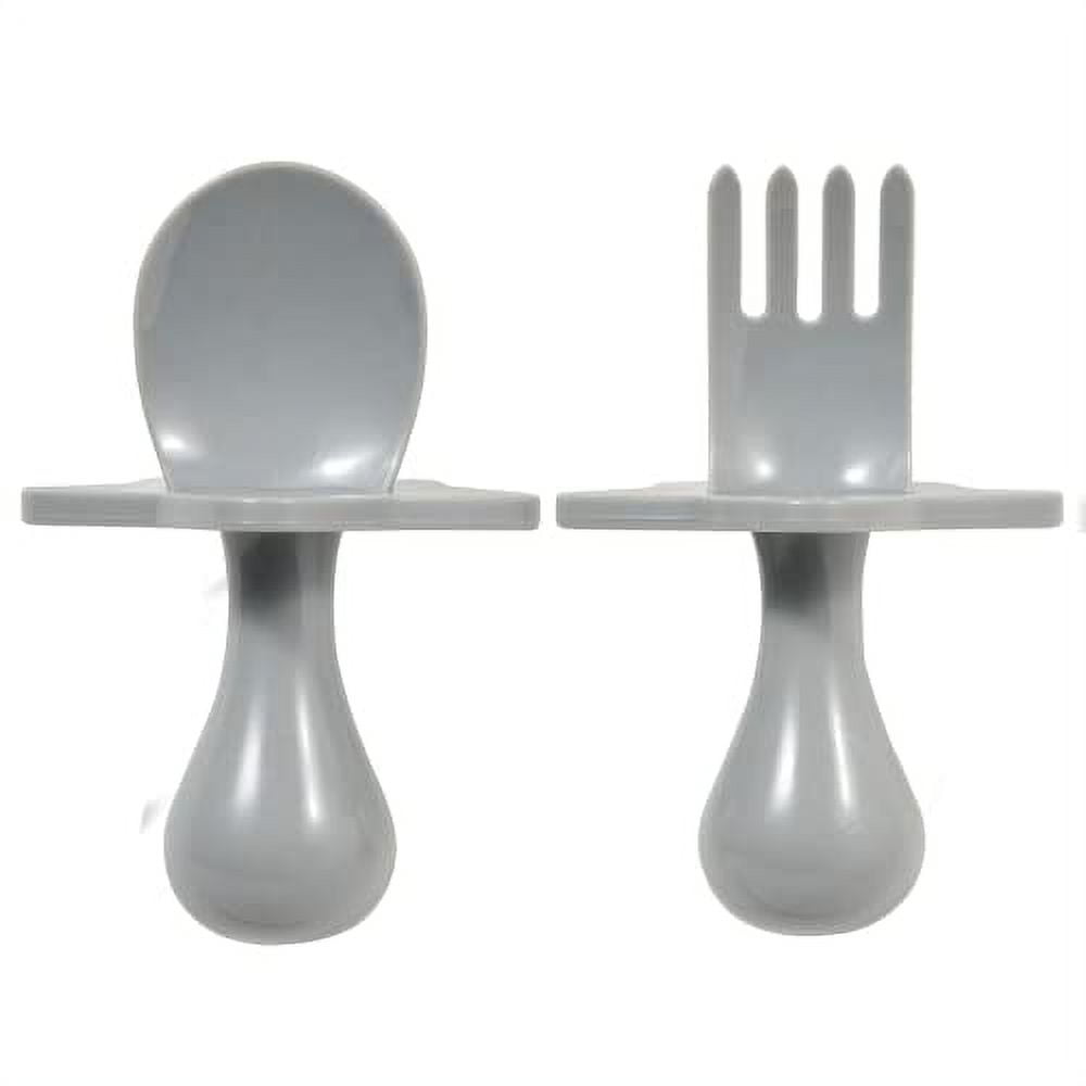 Nooli First Self-Feeding Utensils USA, BPA-Free Spoon & Fork Set for Babies & Toddlers Ages 6+ Months, Anti-Choke Shield, Easy-Grip Handles for Baby-Led Weaning and Independent Eating (Gray)