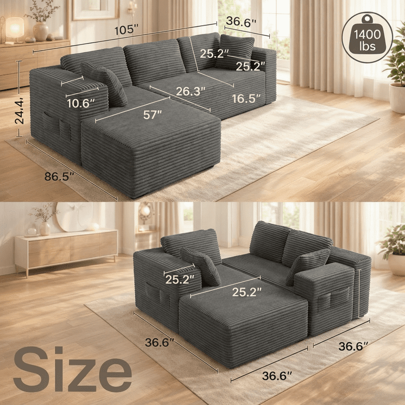 105" No-Assembly Modular L-Shaped Sectional Sofa, Comfy Corduroy Deep Seat Cloud Couch with Chaise, Modern Boneless Sofa for Living Room, Grey