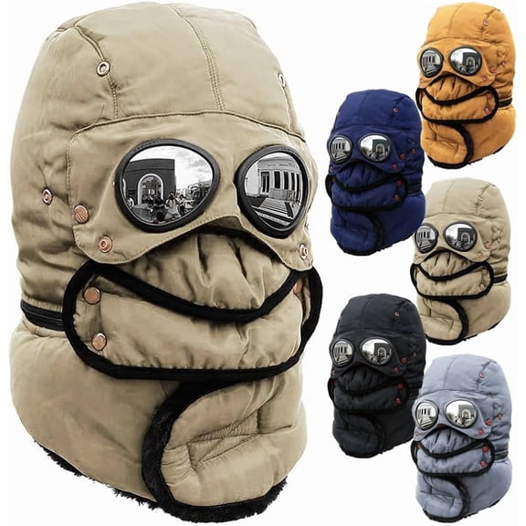 Winter Thermal Hat with Glasses, 4 in 1 Windproof Warm Hat Detachable Mask Neckband, Outdoor Fur Snow Hats