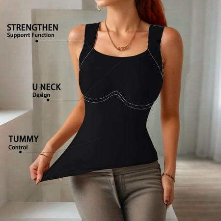 Tank Tops for Women Built In Bra Scoop Neck High-Support Camisole Soft Racerback Body Shaper Ribbed Sports Shapewear Black XXL