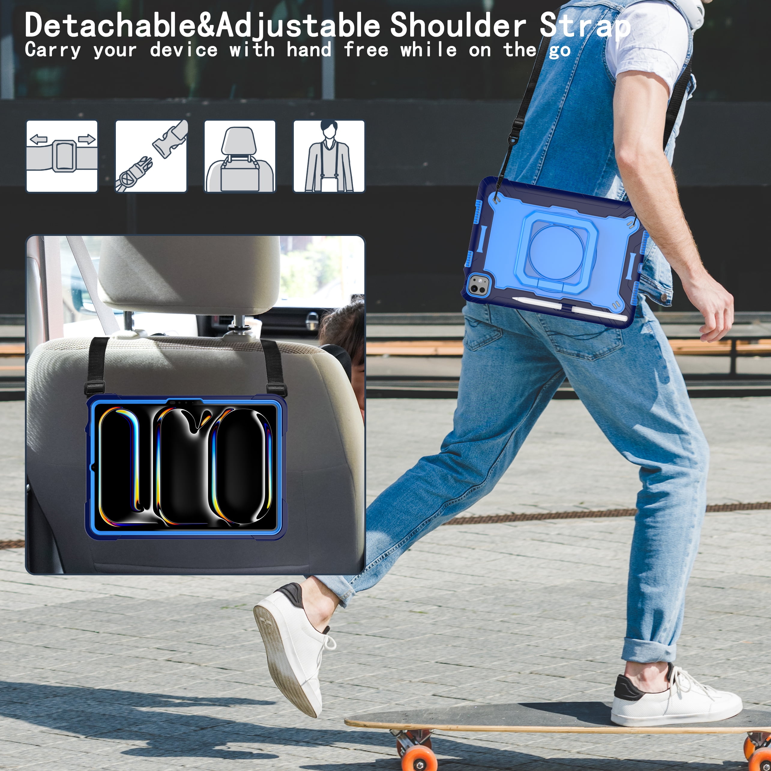 Allytechgroup Shockproof Case for Apple iPad Pro 11 Inch 2024 M4, with Shoulder Strap Pencil Holder Rotating Stand Handle Kids Friendly Heavy Duty Protection Cover for iPad Pro 11" 2024,Blue