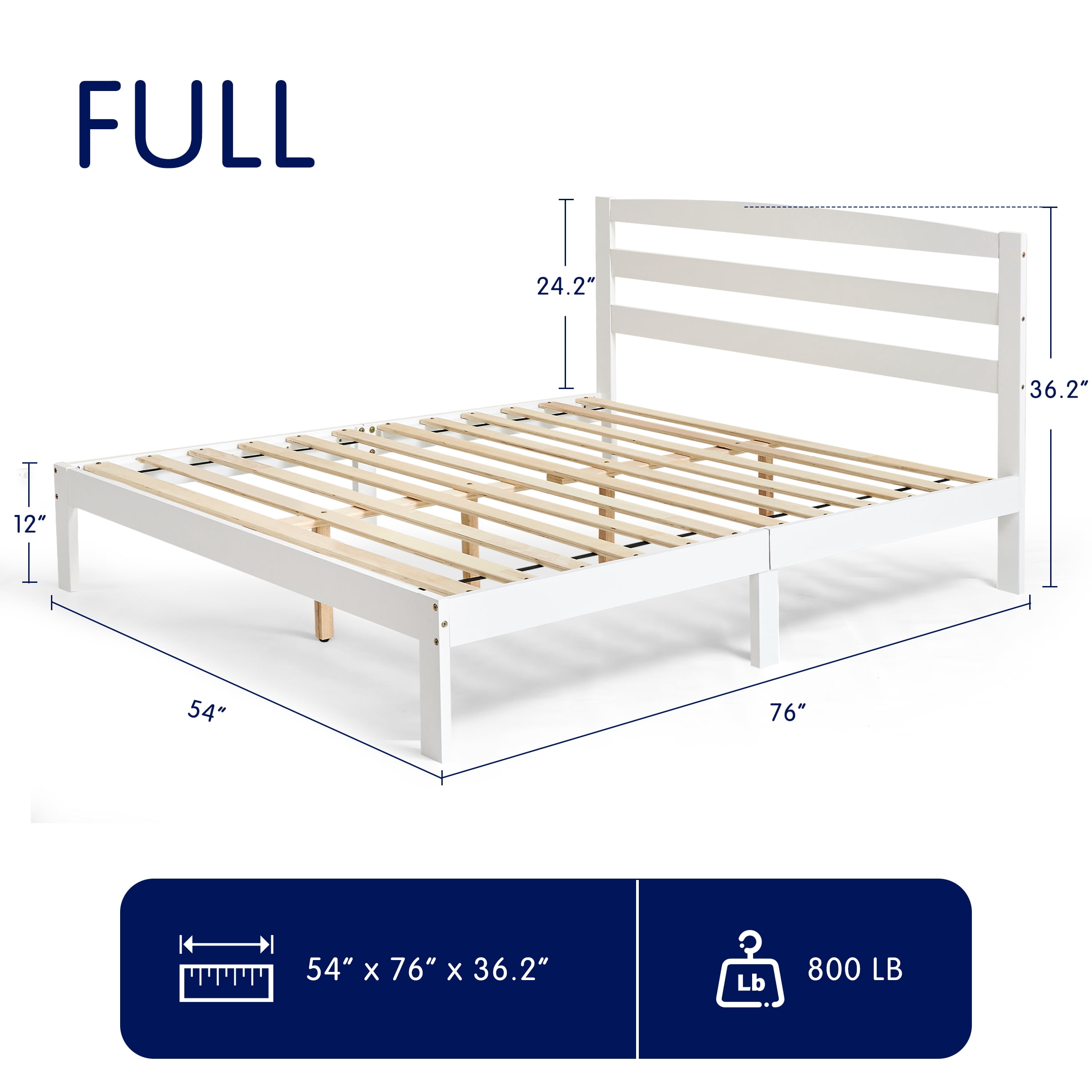 Full Bed Frame, Wood Bed Platform with Headboard, No Box Spring, White