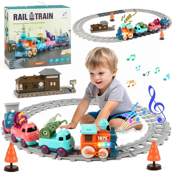 UQN Train Set for Toddlers, Lighting & Music train set for toddlers 2-4, Electric Train Set with Train Tracks for Kids, Christmas Train Toys Gifts for Toddler Boys Girls 3 4 5 6 Years
