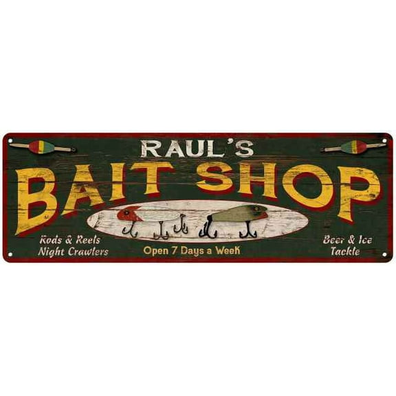 RAUL'S Bait Shop Sign Wood Look Man Cave Den Gift 6x18 Metal 106180024214