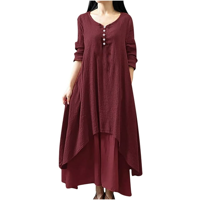 Long Sleeve Dress for Women Womens Fashion Plus Size Round-Neck Solid Long Dress Helf Sleeve Buttons Dress Long Sleeve Dress Women Womens Plus Size Dress Plus Size Dress for Women