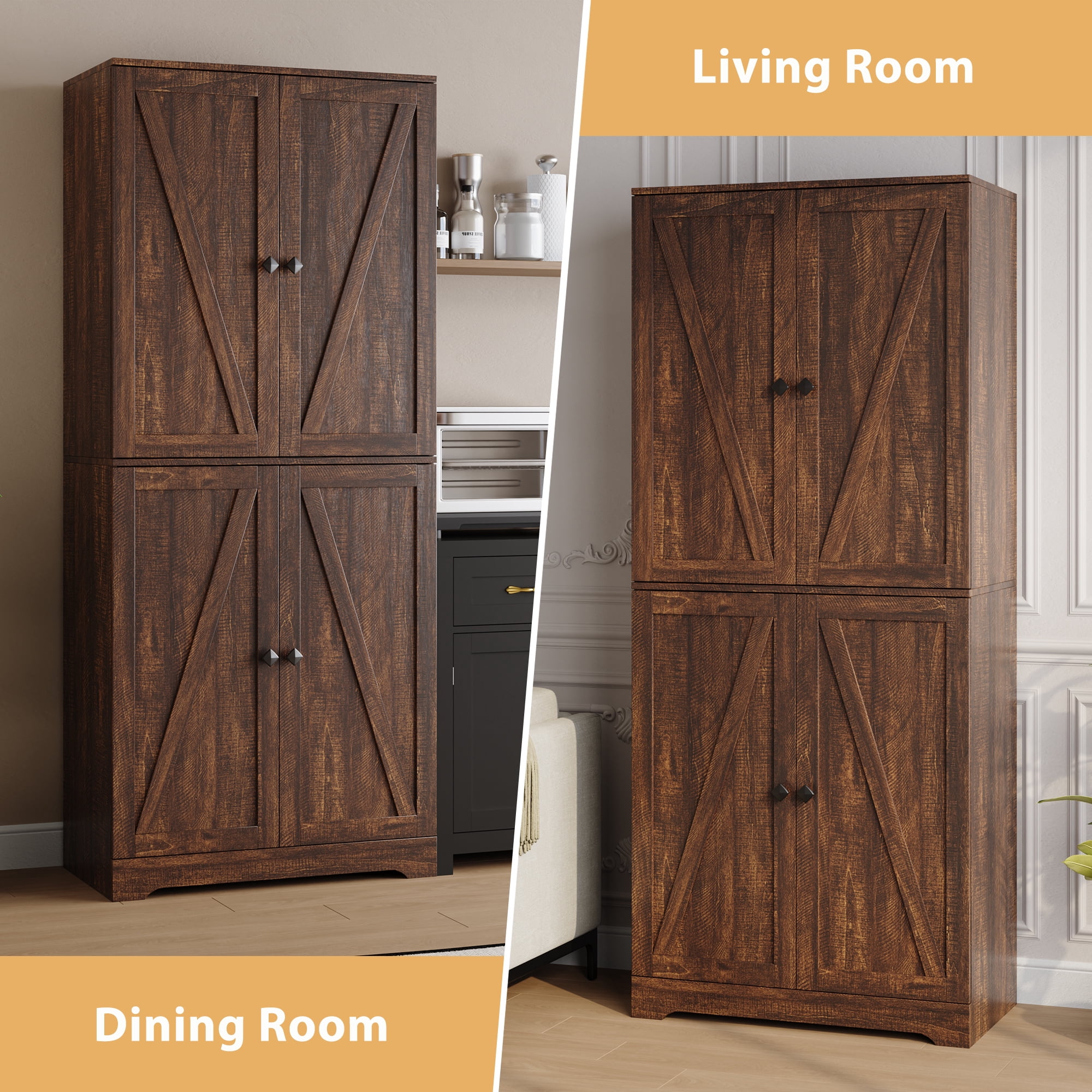 YouTrend 72'' Farmhouse Kitchen Pantry Cabinet with 4 Barn Doors,Storage Cabinet W/ 4 Shelves for Living Room,Kitchen,Bathroom,Brown