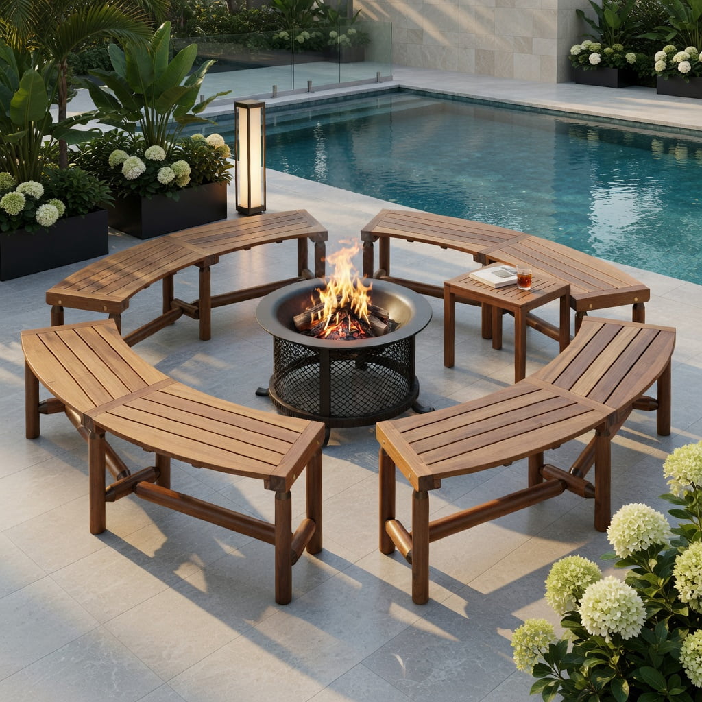 Hommoo Solid Pine and Fir Wood Curved Outdoor Fire Pit Bench, Backless Patio Loveseat for Garden, Backyard, Poolside, Rustic Brown