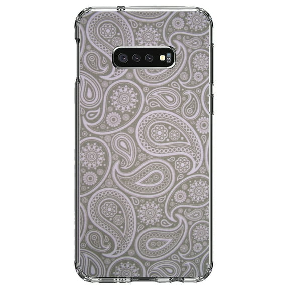 DistinctInk Clear Shockproof Hybrid Case for Samsung Galaxy S10e (5.8" Screen) - TPU Bumper, Acrylic Back, Tempered Glass Screen Protector - Grey Black Paisley