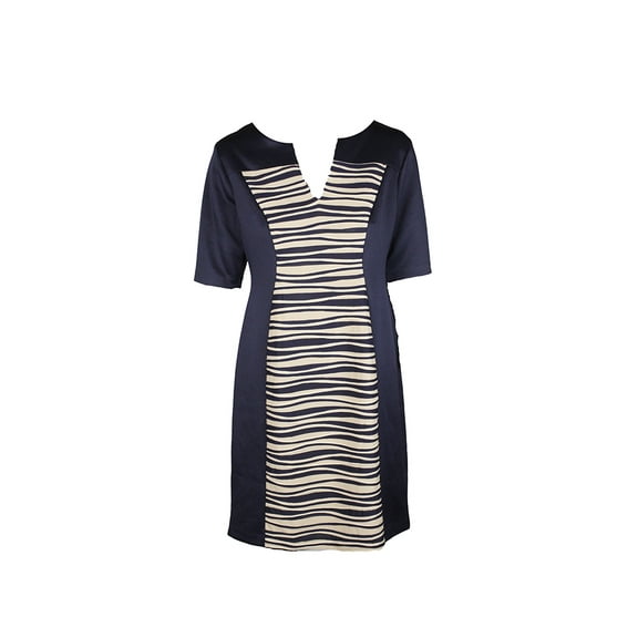 Connected Apparel Womens Navy Tan Short-Sleeve Textured Sheath Dress 10P