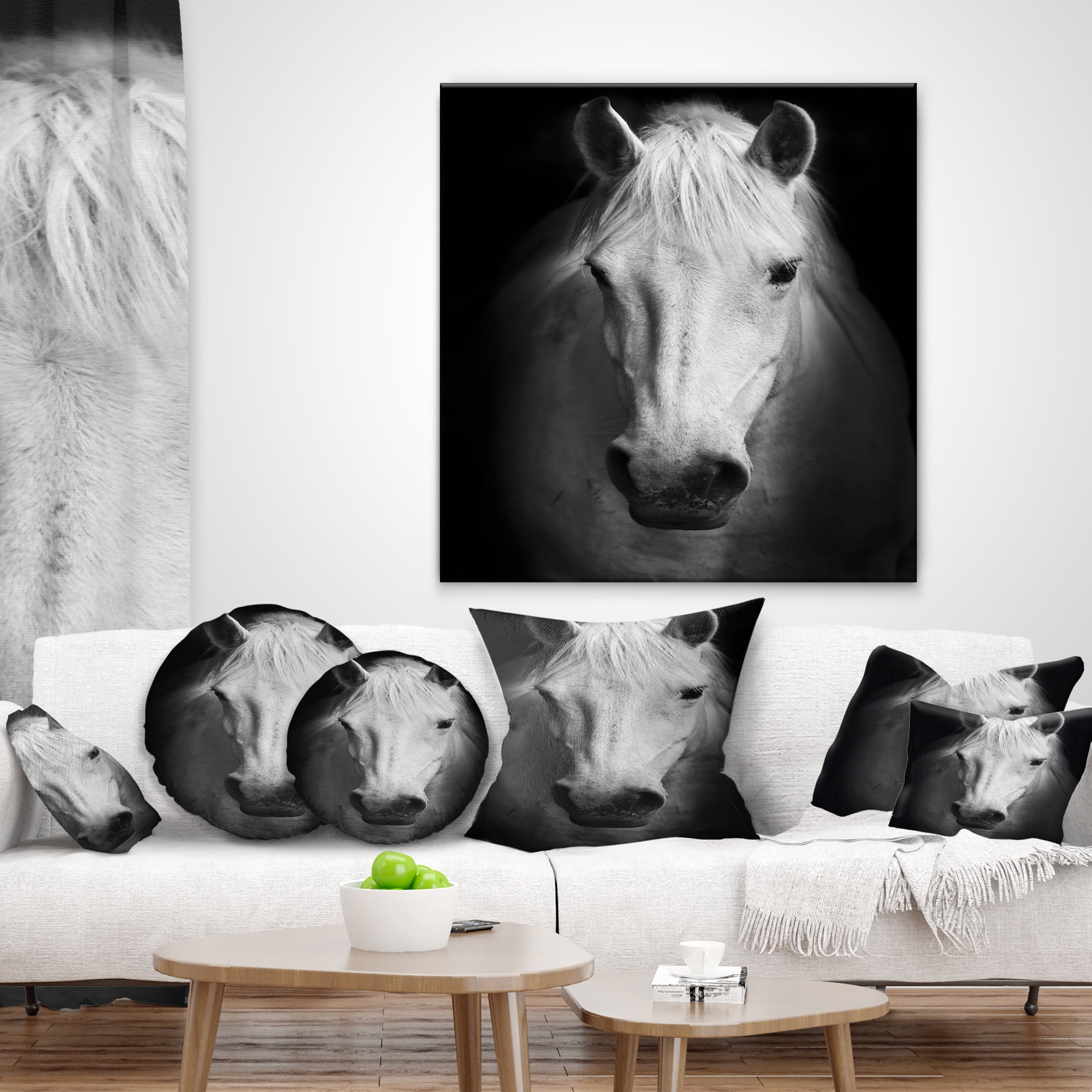 Designart White Horse Black and White - Animal Throw Pillow - 18x18