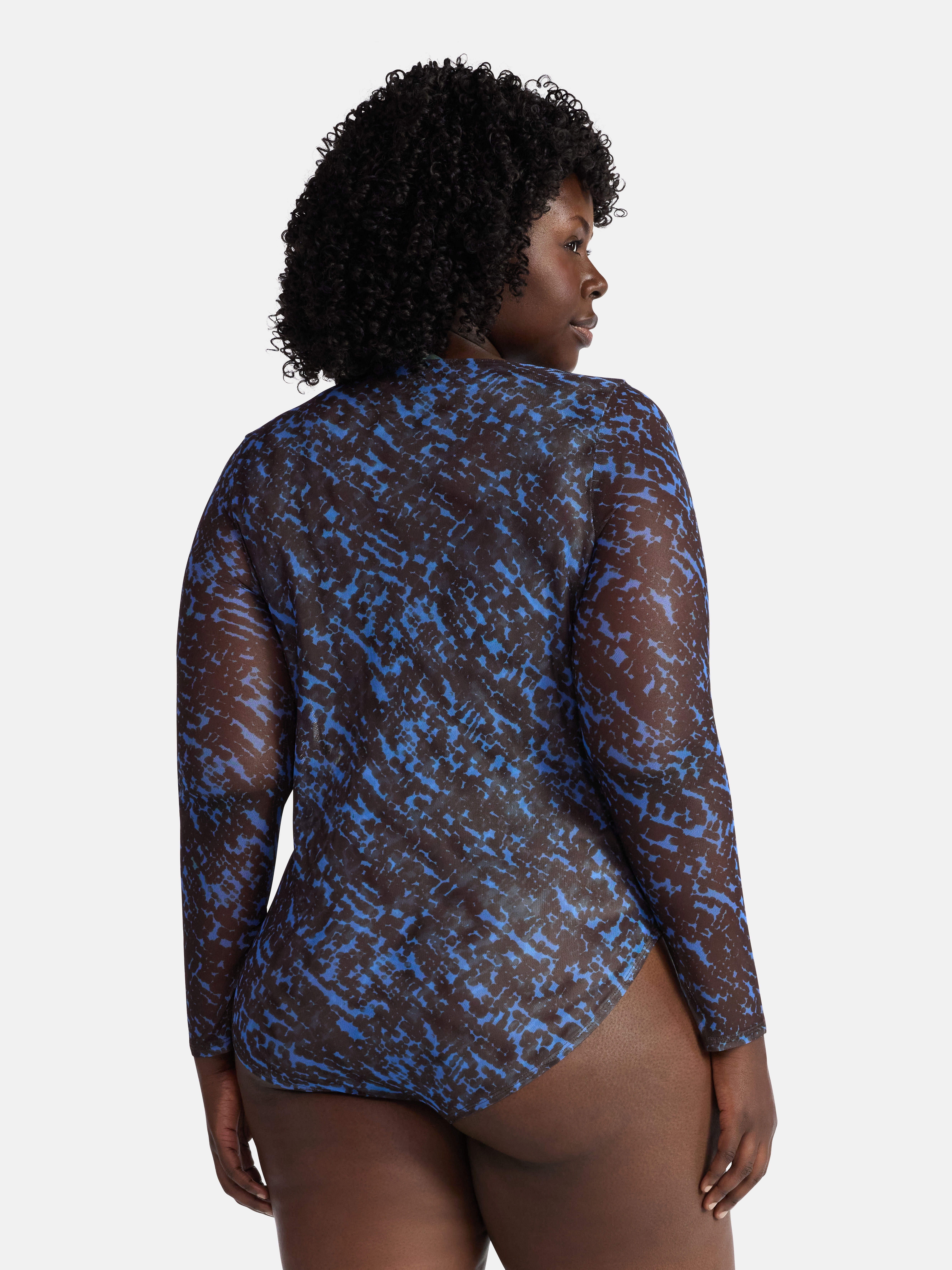 Terra & Sky Women's Plus V Neck Mesh Bodysuit with Long Sleeves, Sizes 0X-5X