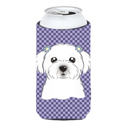 

Purple Checkered Maltese Tall Boy bottle sleeve Hugger