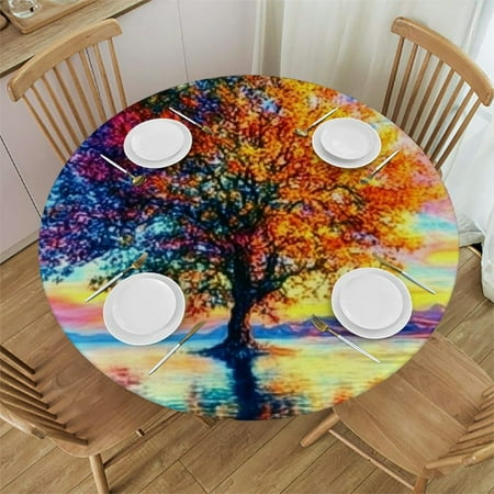 

Patifu Sunset Reflection Nature Round Table Cover Stain Resistant Washable for Indoor Outdoor Kitchen Dining Wedding Parties 100% Polyester with Elastic Edge Full Width Single-Sided Printing 31 -35
