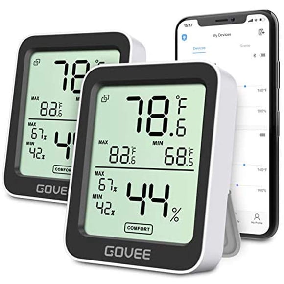 Govee Hygrometer Thermometer 2 Pack, Indoor Bluetooth Humidity Meter with APP Alerts, Room Thermometer with Large LCD Display, Max Min Reco