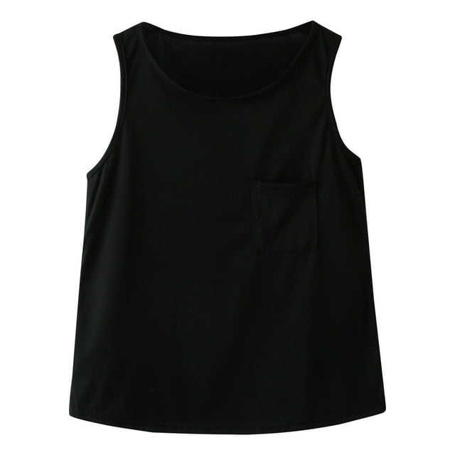 Gibobby blusas de vestir Niñas formal Camiseta sin mangas con cuello redondo y espalda para niños y niñas pequeñas, camiseta de baile informal sin mangas con bolsillo (Negro, 11-12 Años)