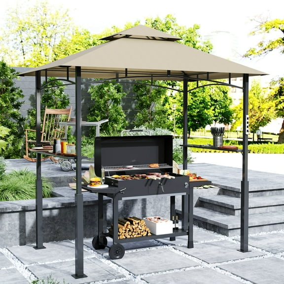 Outsunny 8' x 5' Grill Gazebo, Double Tiered Outdoor BBQ Gazebo with LED Light, 2 Side Shelves, Hooks and Bottle Opener for Patio Yard, Khaki