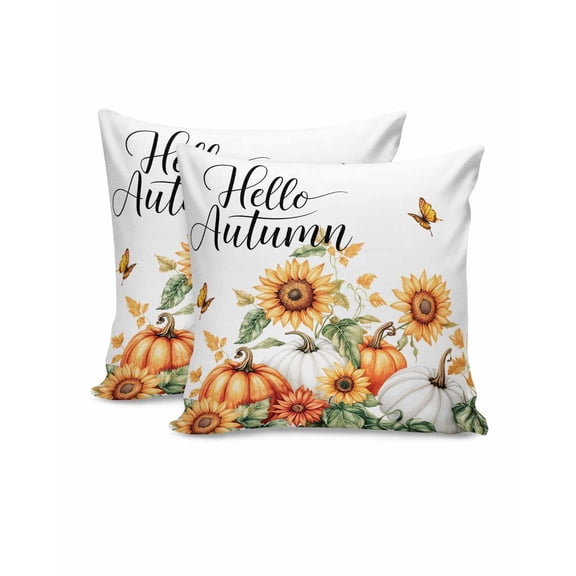 Decorative Throw Pillow Covers 18x18 Inch Set of 2 Hello Autumn Pumpkin Fall Decor Pillow Cases for Couch, Butterfly Sunflower Cushion Case for Living Room Bedroom Bed Car Chair