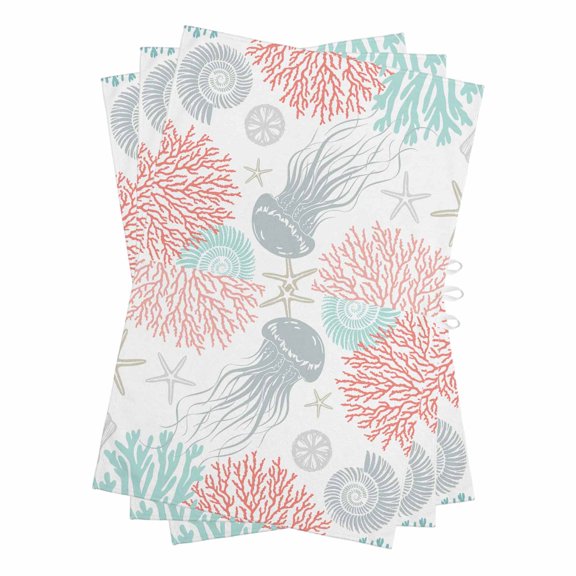 Jellyfish Coastal Kitchen Towels Set of 3, Water Absorbent Dish Towel, Teal Red Coral Starfish Decorative Hand Towels - Quick Drying Cloth for Cooking Baking, 18x28 Inch