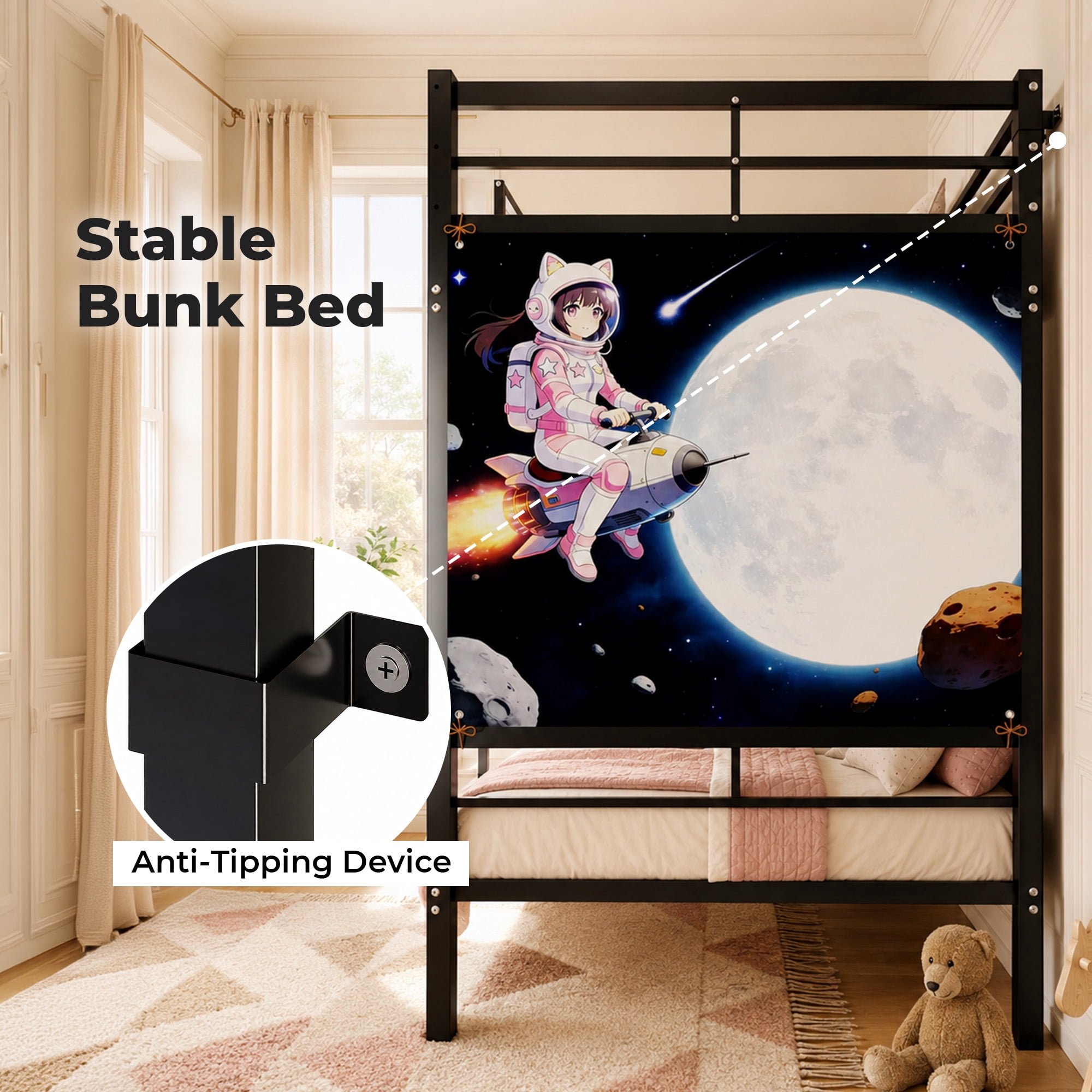 Alvantor Bunk Bed Twin over Twin, Metal Bunk Bed for Kids with Ladder and Wall Painting Black