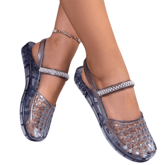 Jelly Sandals for Women, Stylish Transparent Jelly Shoes Comfortable Breathable Mesh Closed Toe Slip on Beach Slides with Rhinestones Strap, 40