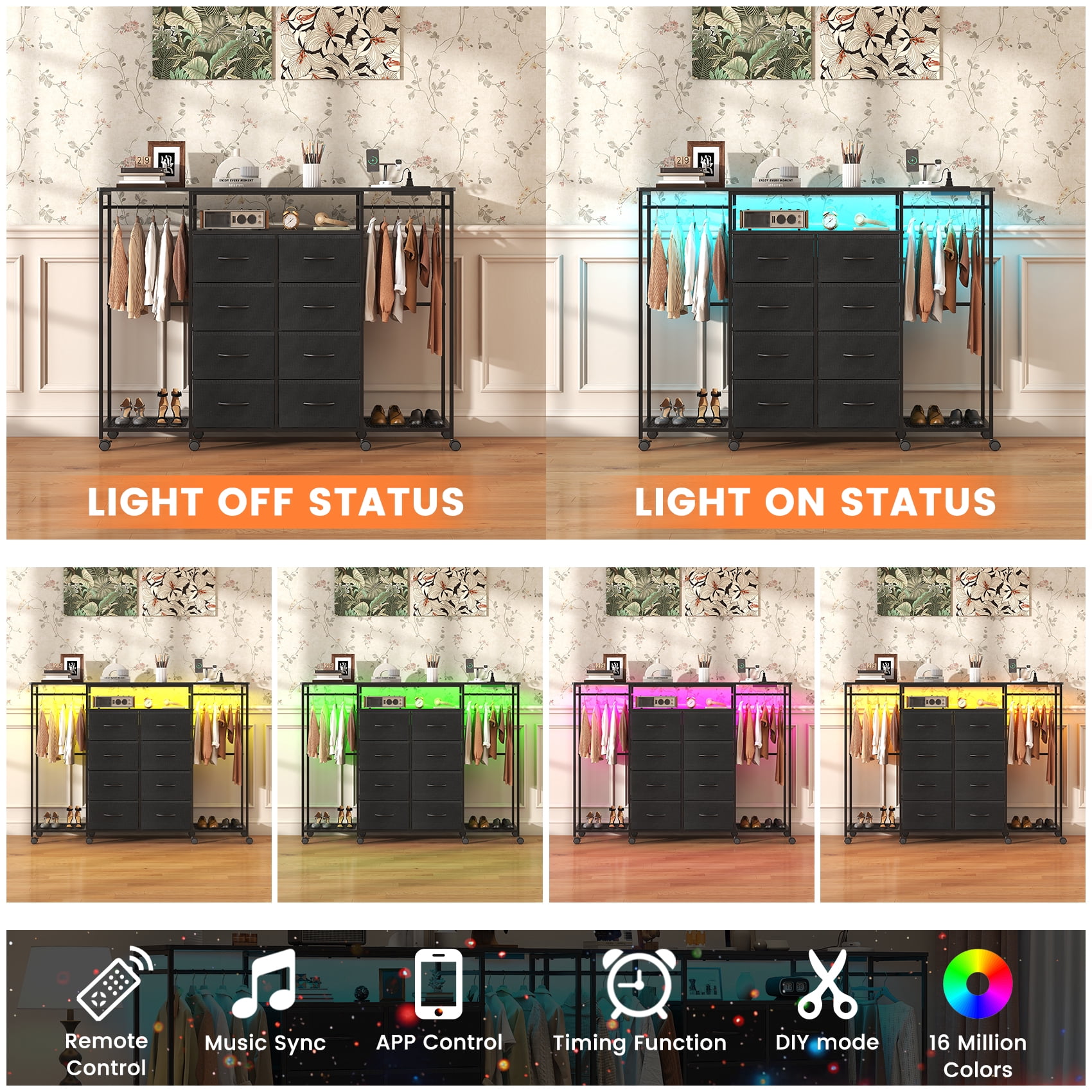 Frmobepts Dresser with Clothes Rack, 8 Drawers Dresser with Charging Station & LED Lights, Black Storage Unit with Wheels for Bedroom, Closet