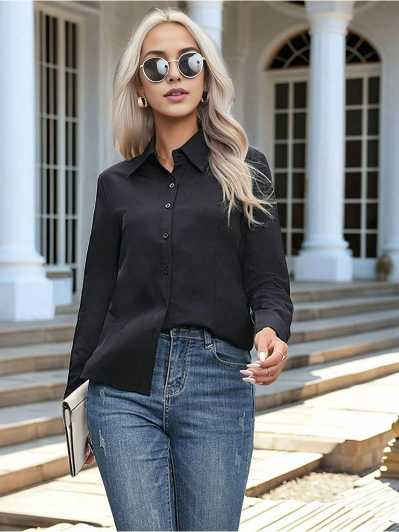 Super Soft Wrinkle Free Button Down Shirts for Women Solid Long Sleeve  Striped Formal Work Dress Blouses Tops Pink 4XL