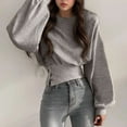 thumbnail image 4 of Htigea Women's Long Sleeve Crop Sweatshirts Side Button Slimming Top Y2k Shirt Solid Crewneck Pullover Sweatshirt Gray M, 4 of 4