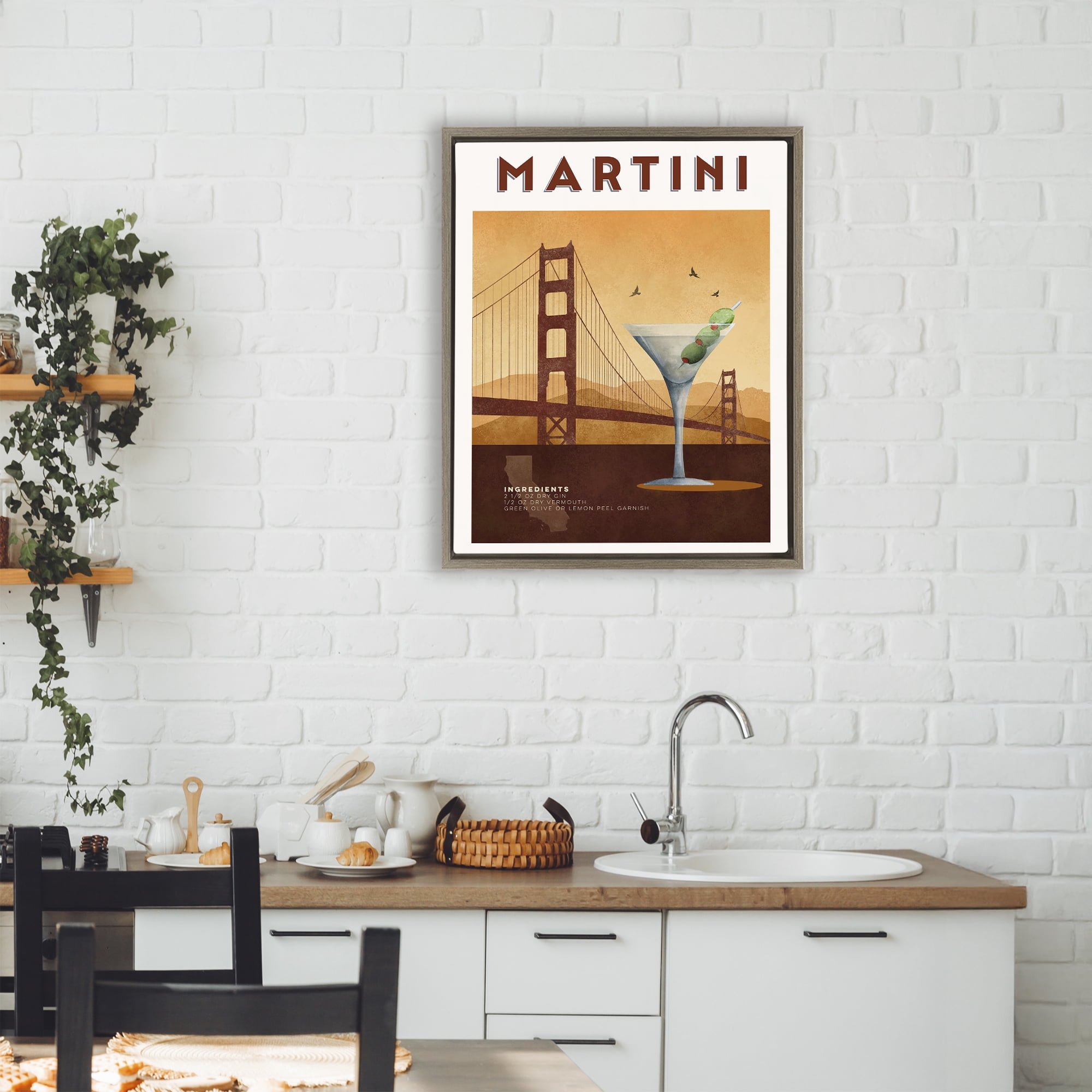 Retro Martini & Bridge View Brown Framed Floater Canvas Wall Art, design by Brett Blumenthal
