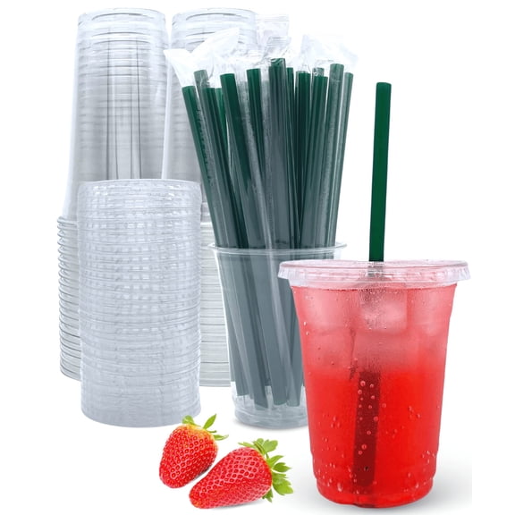 Koudindg 24 oz Clear Plastic Cups with Lids and Straws, Disposable Coffee Cups 25 Sets
