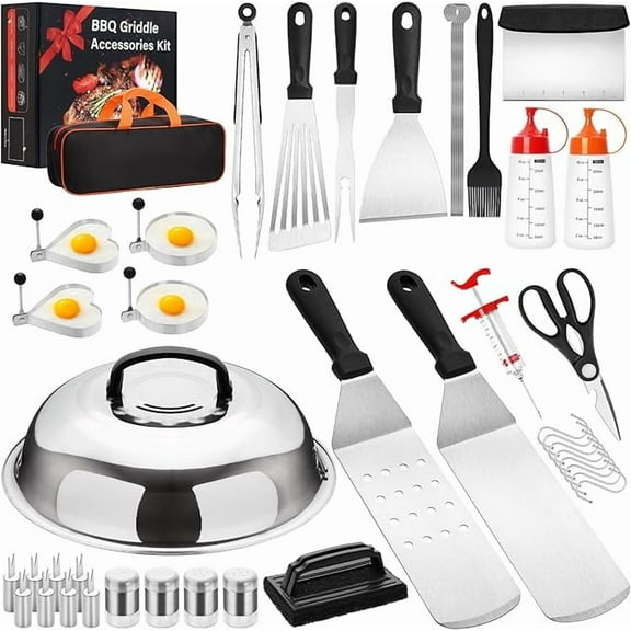 Januofit 47PCS Griddle Accessories Kit, Flat Top Grill Accessories Set for Blackstone and Camp Chef, Grill Spatula Set with Enlarged Spatulas, Basting Cover, Scraper for Outdoor Barbecue