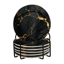 6 Pcs Drink Coasters Sets with Holder Pads Cotton Cup Heat-Resistant Hot Mats for Table Protection Black and Golden Marble