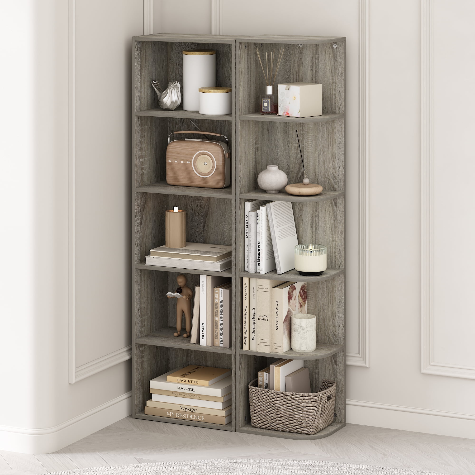 Furinno Reed 5-Tier Space Saving Corner Storage Display Shelf, Bookshelf, French Oak