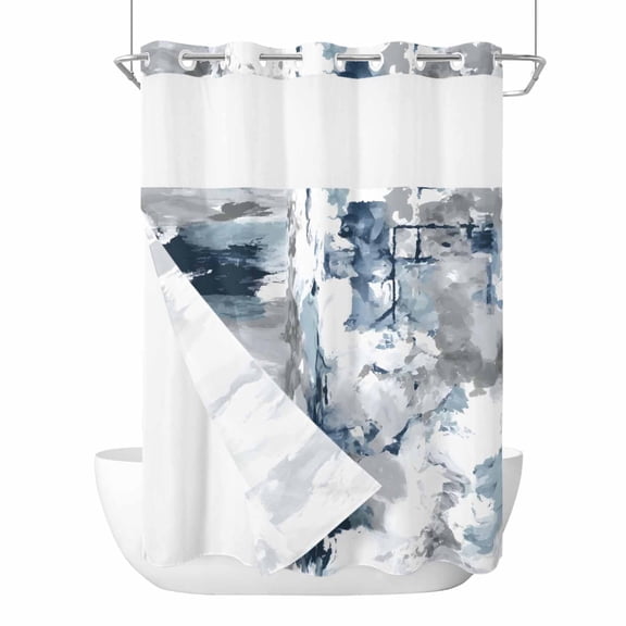 No Hook Blue Grey Shower Curtain with Snap in Liner Set, Modern Watercolor Ink Painting Art Abstract Waterproof Fabric Bathroom Curtains with See Through Top Window, Hotel Style Stall 48 x 72 Inch