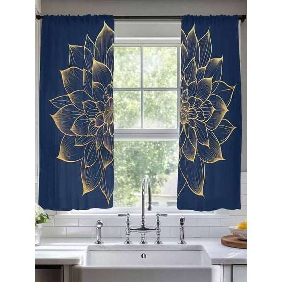 Navy Blue Yellow Spring Floral Sheer Curtains for Living Room Bedroom Abstract Blossoms Botanical Sheer Curtains 63 Inch Long 2 Panels Set Light Filtering Curtain Window Treatments Drapes
