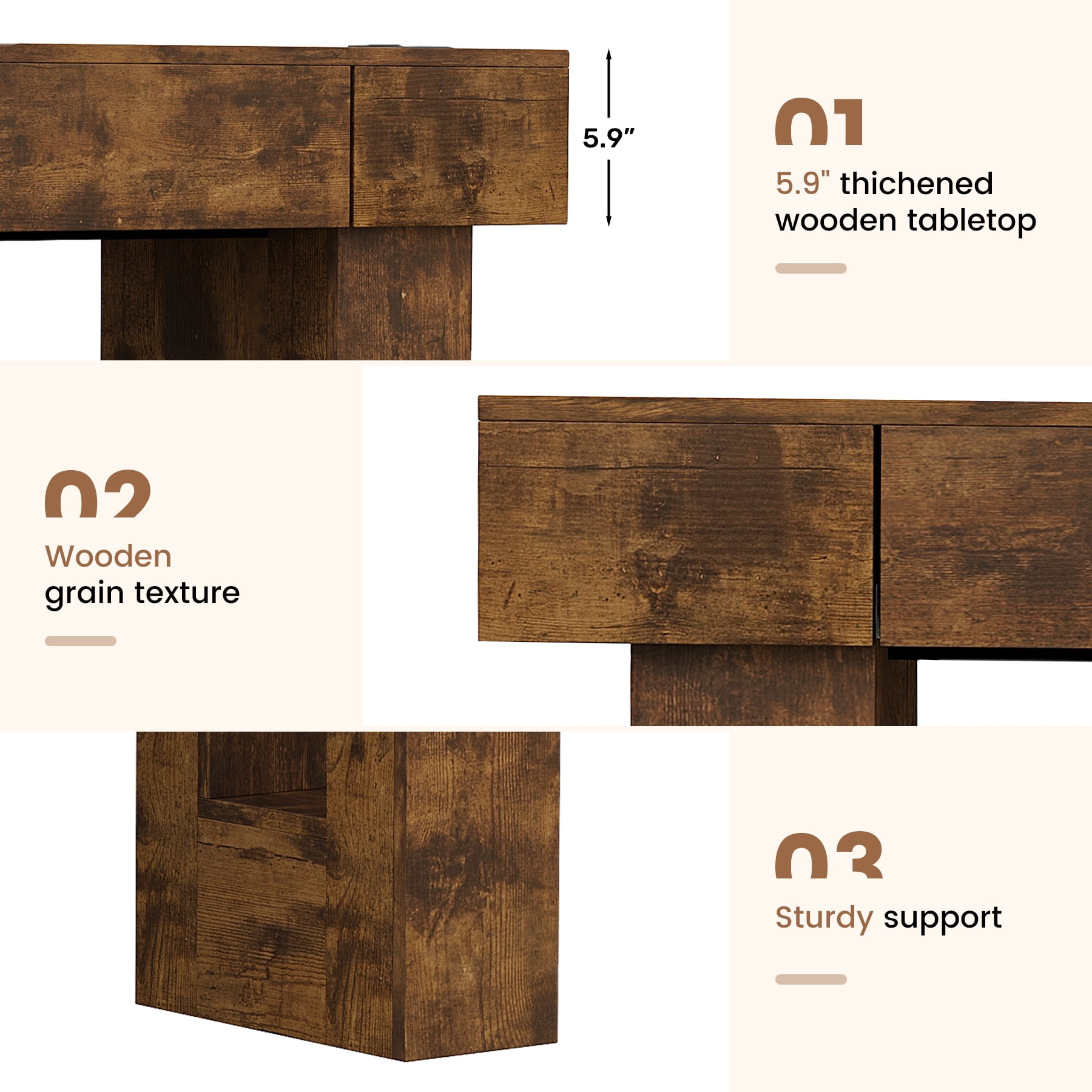 MOONMISS 47"Wide Console Table with 2 Drawers,Multifunctional Charging Station, LED Light, Solid Wood Farmhouse Console Table Behind Couch for Entryway, Hallway, Living Room-Dark Brown