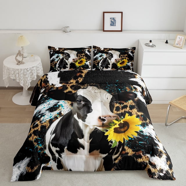 Erosebridal Ensembles de Literie Animaux Vache Grand Lit avec Couette, Insert de Couette Tournesol Rustique, Décor Guépard Léopard, Réversible 3 Pcs