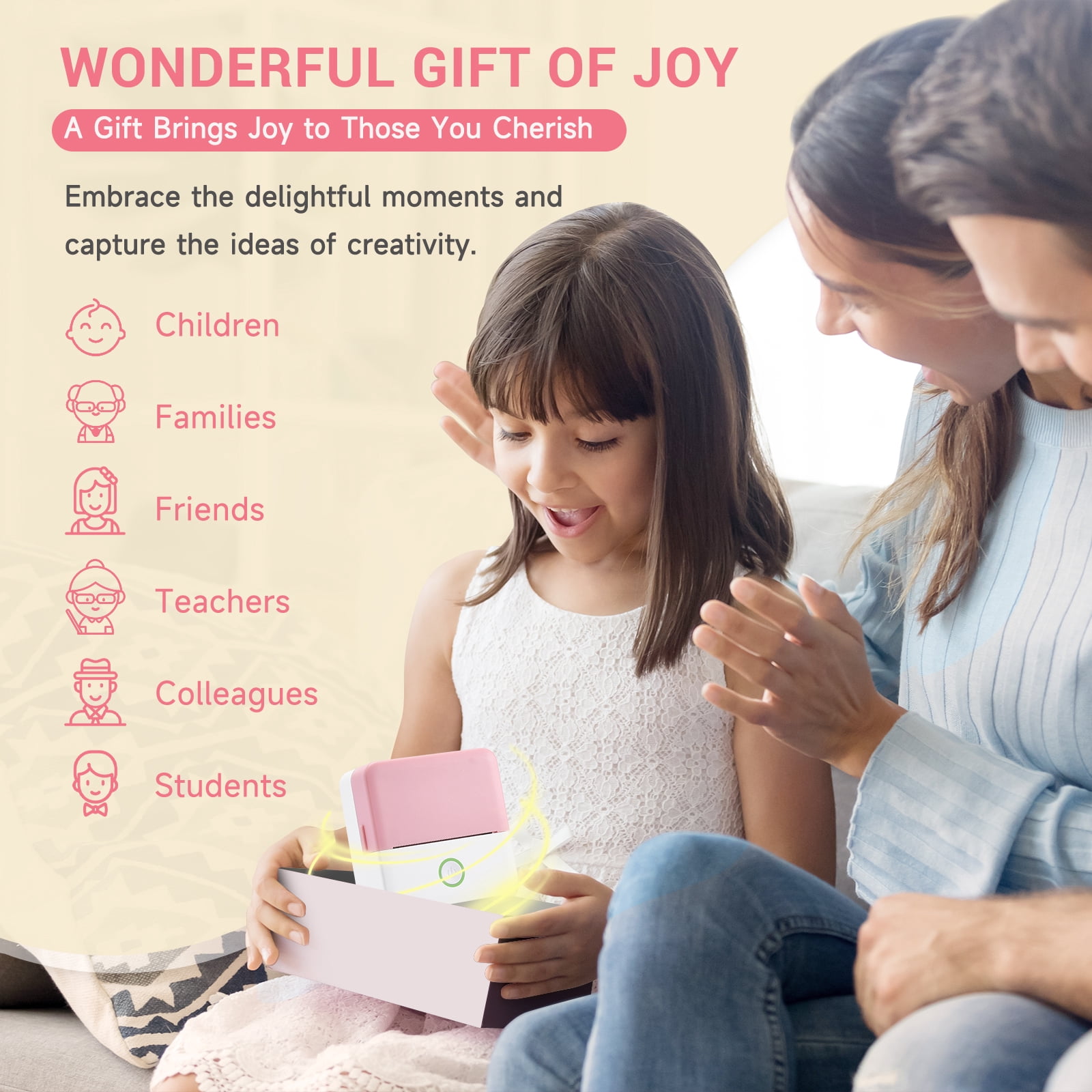 ROJAX Print Pods Mini Thermal Printer, Inkless Portable Sticker Maker with 10 Rolls Paper, Bluetooth Pocket Printer for Phone, Notes, Journal & DIY, Compatible with iOS & Android (Pink)