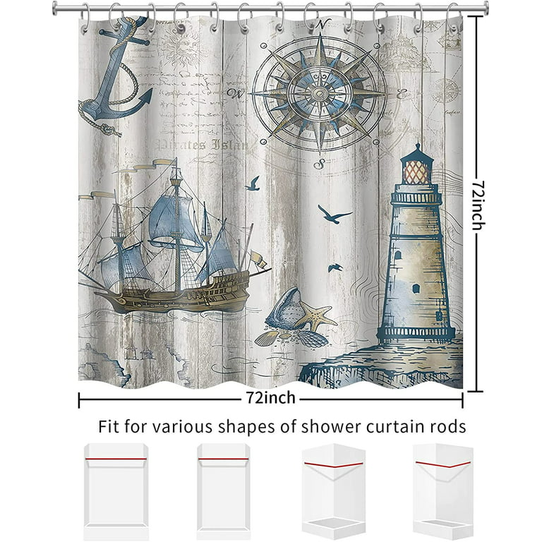 Nautical Shower Curtain Coastal Sea Shell Fishing Net Marine Ocean Beach Theme  Bathroom Decor Lighthouse Starfish Bathroom Accessory with Hooks (66x 72)