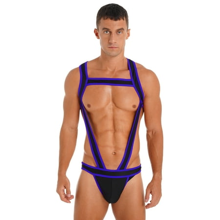 YEAHDOR Mens Wrestling Singlet Costume Hollow Out One-Piece Jockstrap Leotard Bulge Pouch Bodysuit Royal Blue XL