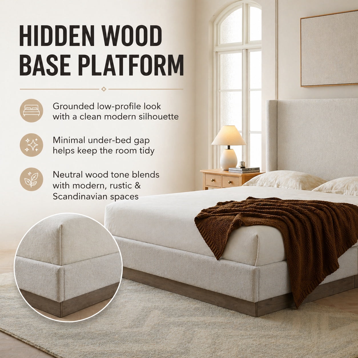 Miniyam Queen Upholstered Wingback Bed with 53.1" Tall Boucle Headboard, Hidden Wood Base, Metal Frame, No Box Spring, for Adults & Teens